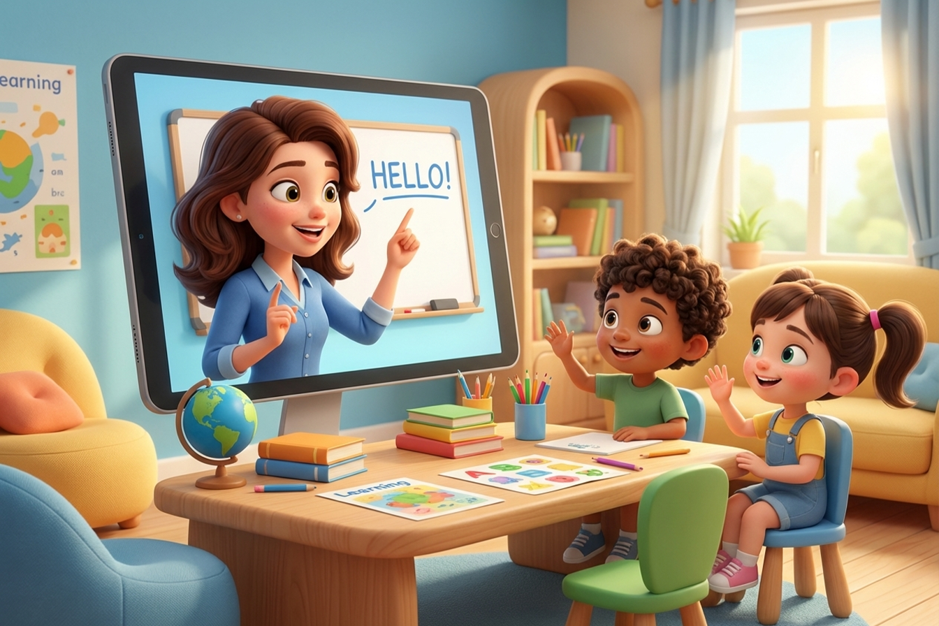 معلمة تدرس الأطفال الإنجليزية عبر الإنترنت