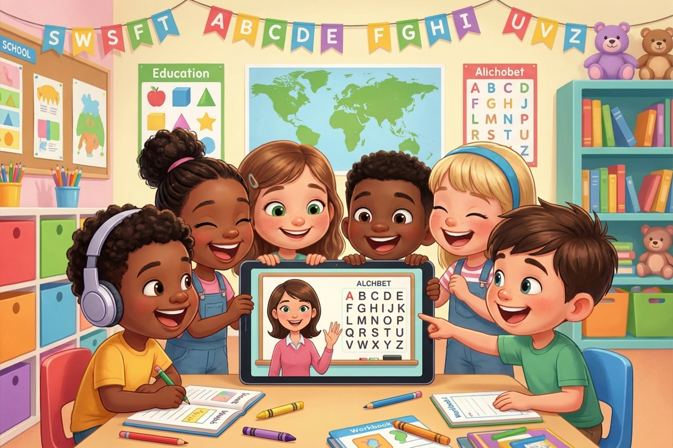 أطفال يتعلمون الإنجليزية عبر الإنترنت