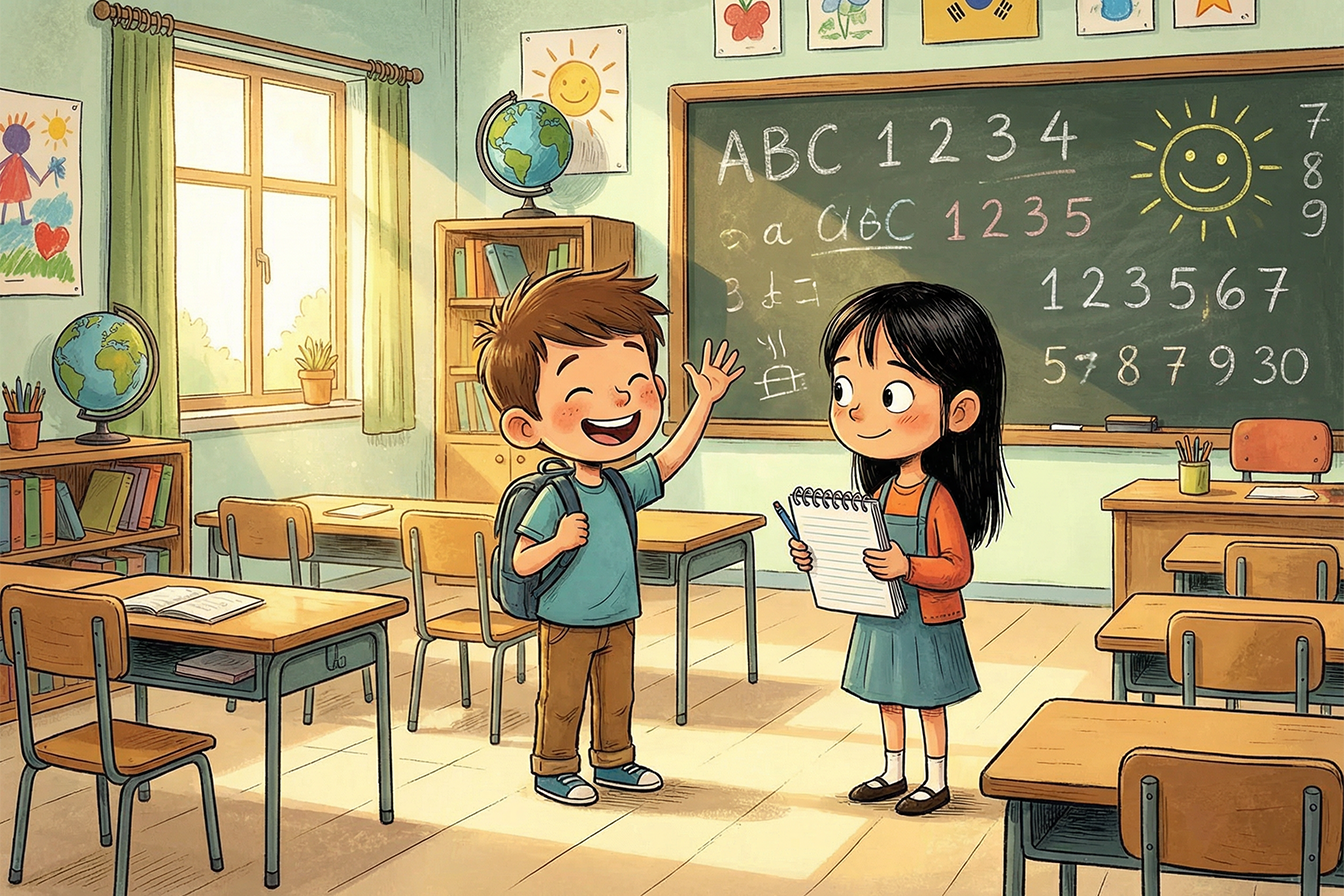 مشهد في المدرسة يظهر طفلين يحييان بعضهما البعض ويستعدان للحصة، أحد الأطفال يحمل دفترًا، خلفية فصل دراسي بمكاتب ولوح كتابة، تفاعل ودي