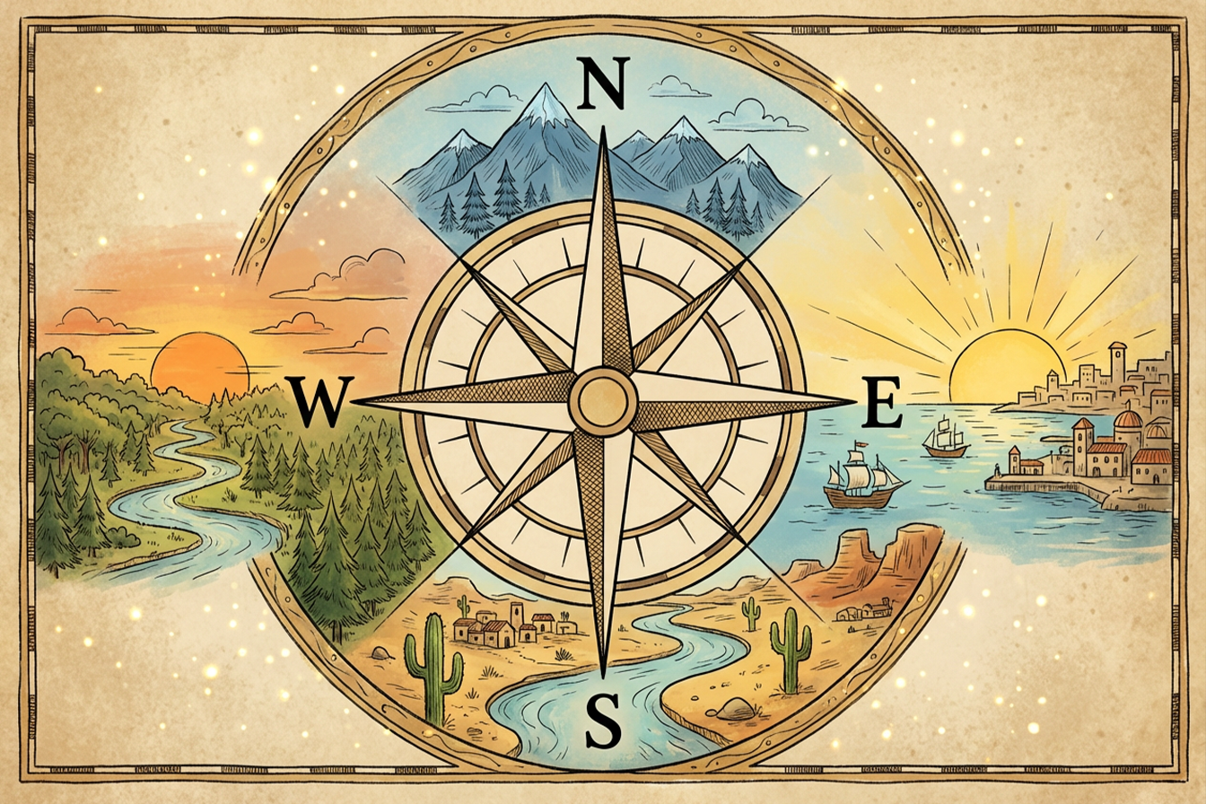 “بوصلة توضح الاتجاهات الأربعة الرئيسية: الشمال، الجنوب، الشرق، الغرب مع معالم مثل الجبال والأنهار والمدن لتوضيح الاتجاهات.”