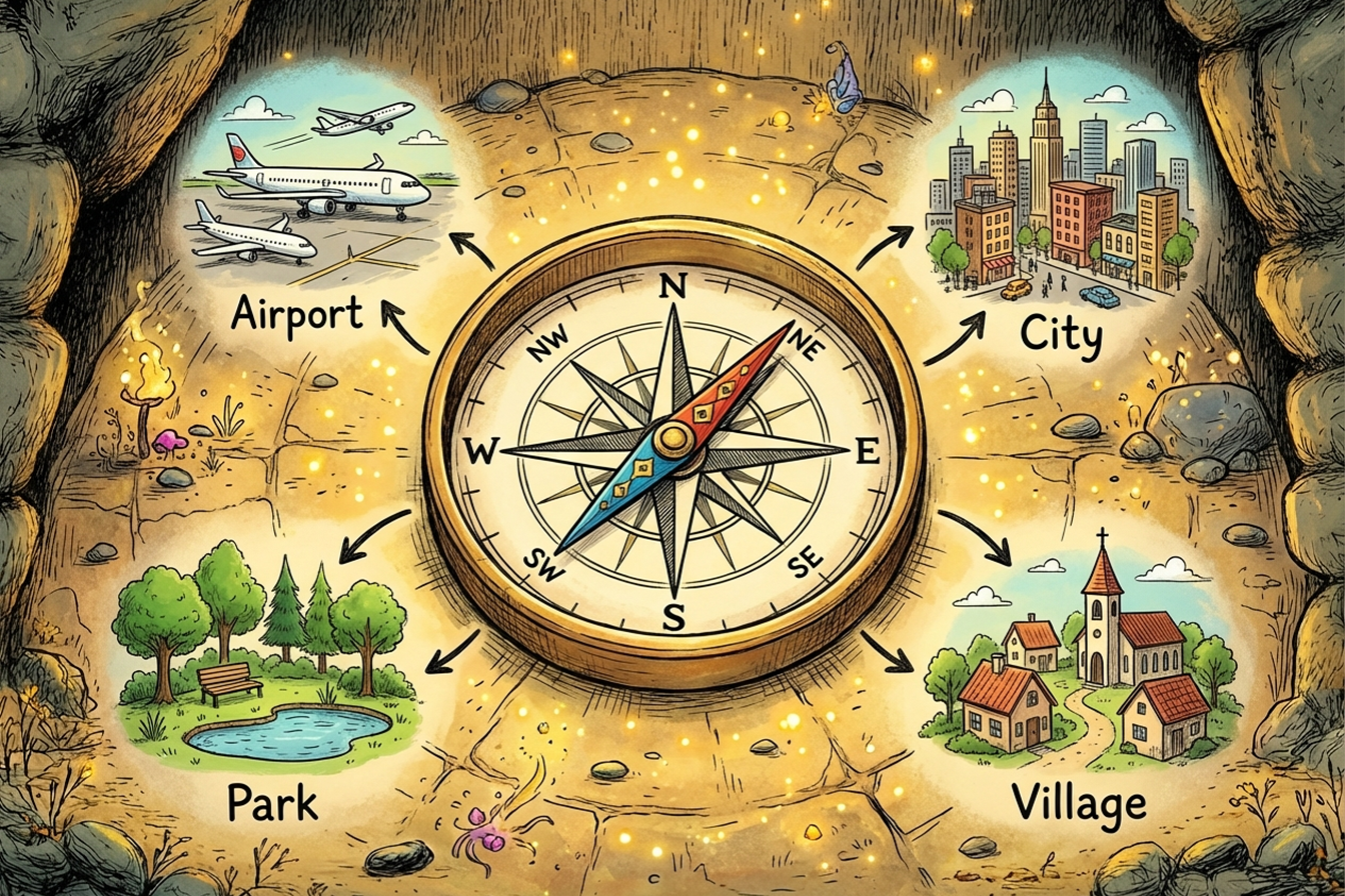 “رسم توضيحي لبوصلة يظهر الاتجاهات الفرعية: الشمال الشرقي، الشمال الغربي، الجنوب الشرقي، الجنوب الغربي مع أمثلة على المدن والمطار والقرية والحديقة.”