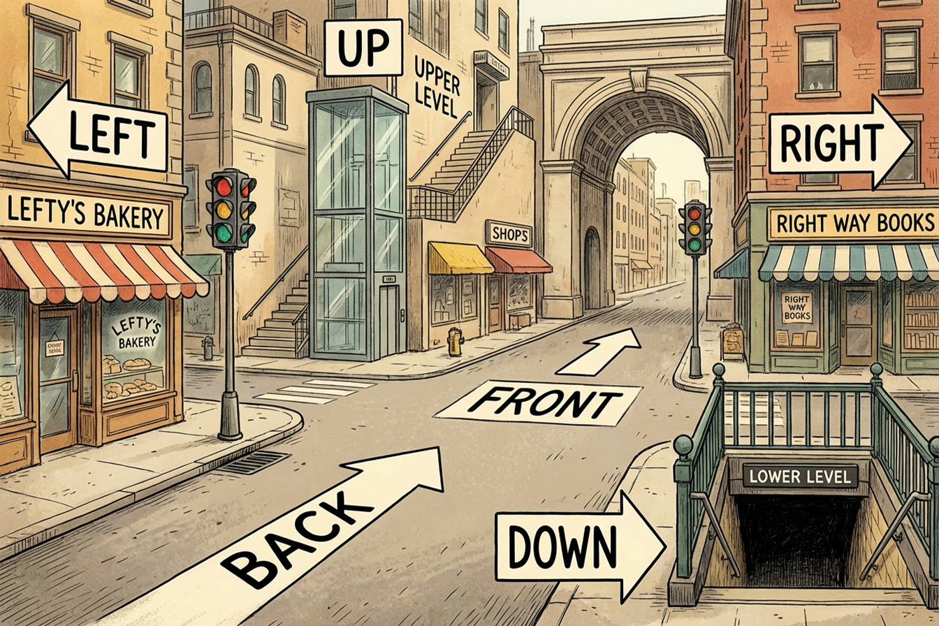“رسم توضيحي لشارع يوضح الاتجاهات النسبية: اليسار، اليمين، أمام، خلف، أعلى، أسفل مع الدرج، المصعد، إشارات المرور والمتاجر.”