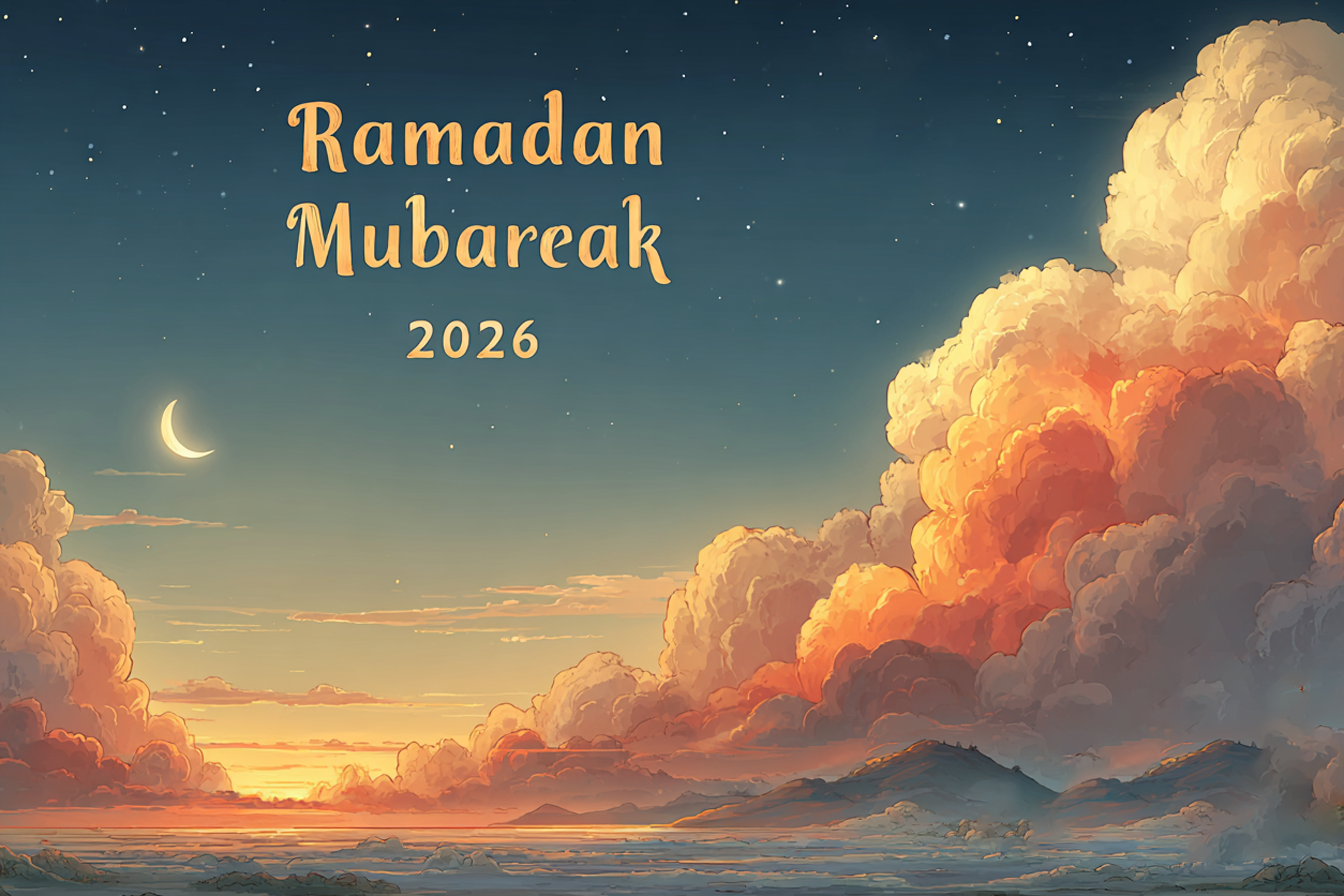 صورة تهنئة أنيقة بشهر رمضان 2026 تتضمن هلالًا رمضانيًا وفوانيس مضيئة بإضاءة ذهبية ناعمة، مع عبارة “Ramadan Mubarak 2026” أو “Ramadan Kareem 2026” بخط إنجليزي أنيق، وخلفية لسماء ليلية هادئة ترمز إلى الروحانية والتجدد