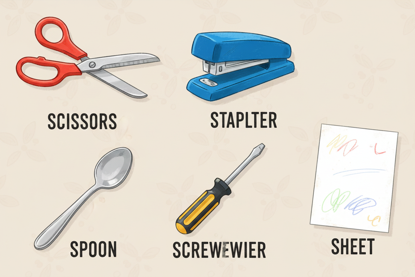 رسوم كرتونية مرحة لأدوات وأشياء يومية تبدأ بحرف S للأطفال: مقص، دباسة، ملعقة، مفك، ورقة، بأسلوب تعليمي وملون