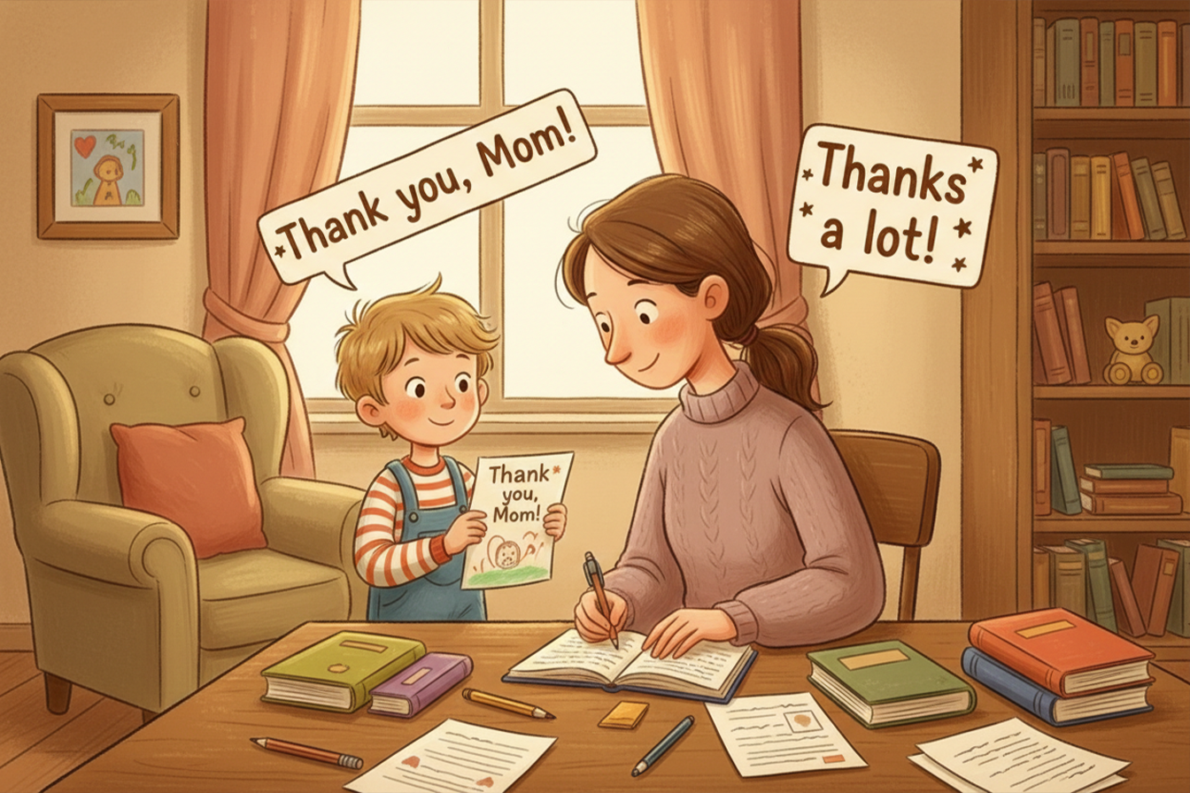 طفل يشكر والدته على المساعدة في الواجب المدرسي باستخدام عبارات شكر بسيطة باللغة الإنجليزية.