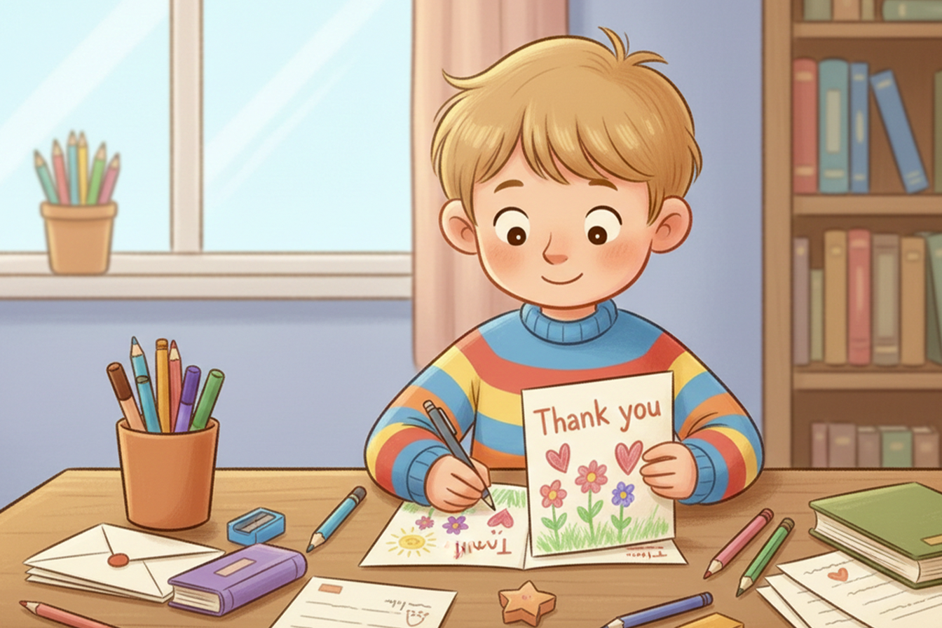 طفل يكتب بطاقة شكر باللغة الإنجليزية مع رسومات بسيطة وأدوات مدرسية على الطاولة