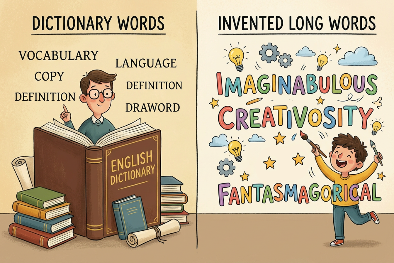 صورة توضيحية تقارن بين الكلمات الإنجليزية المعترف بها في القواميس والكلمات الطويلة المختَرعة بطريقة تعليمية مبسطة