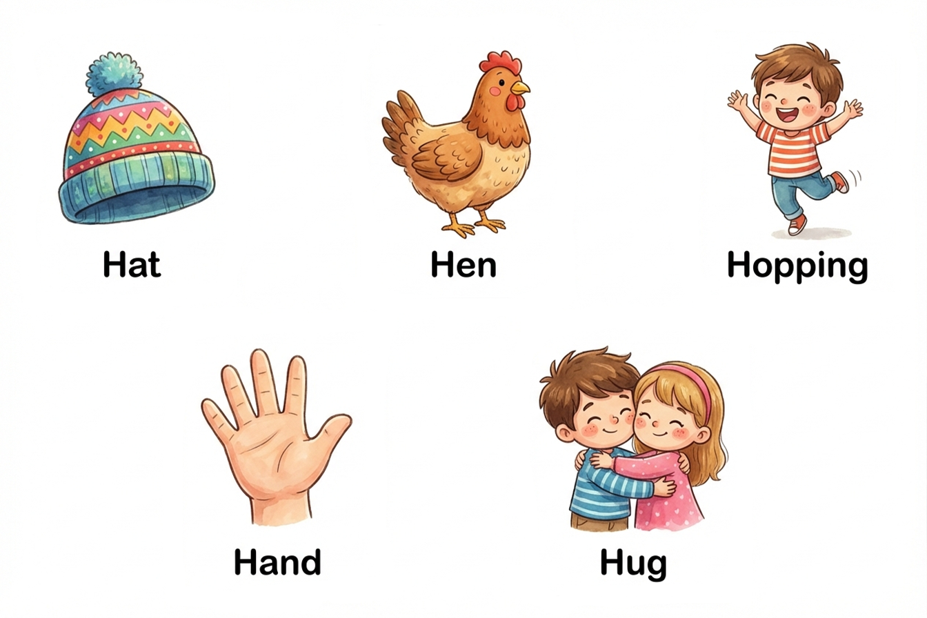 رسم تعليمي ملون للأطفال يعرض كلمات سهلة تبدأ بحرف H: قبعة، دجاجة، يقفز، حار، يد، عناق، تل، مع صور كرتونية لطيفة لكل كلمة.