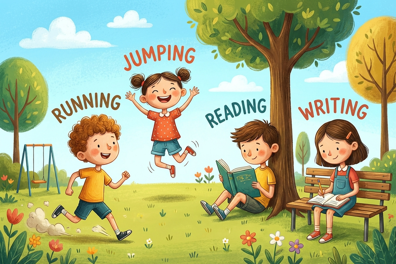 رسم توضيحي لأطفال يقومون بأفعال مثل الجري والقفز والقراءة والكتابة، مع وجود الكلمات الإنجليزية مكتوبة فوق كل فعل، بأسلوب ملون وتعليمي