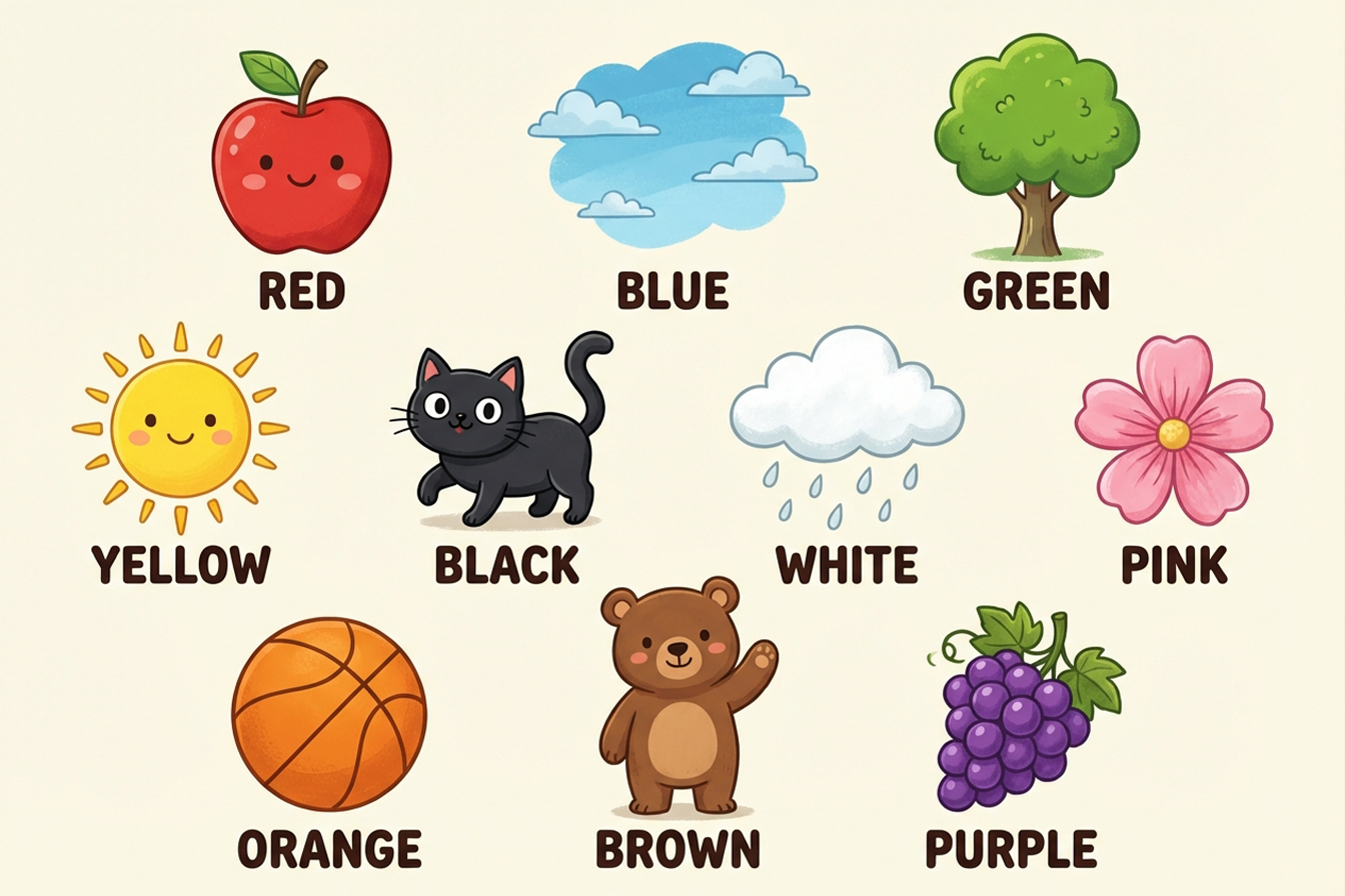 ملصق تعليمي ملون يعرض أشياء بألوان مختلفة مثل تفاحة حمراء وسماء زرقاء وشجرة خضراء وشمس صفراء مع كتابة أسماء الألوان بالإنجليزية بجانب كل عنصر بأسلوب كرتوني ممتع للأطفال