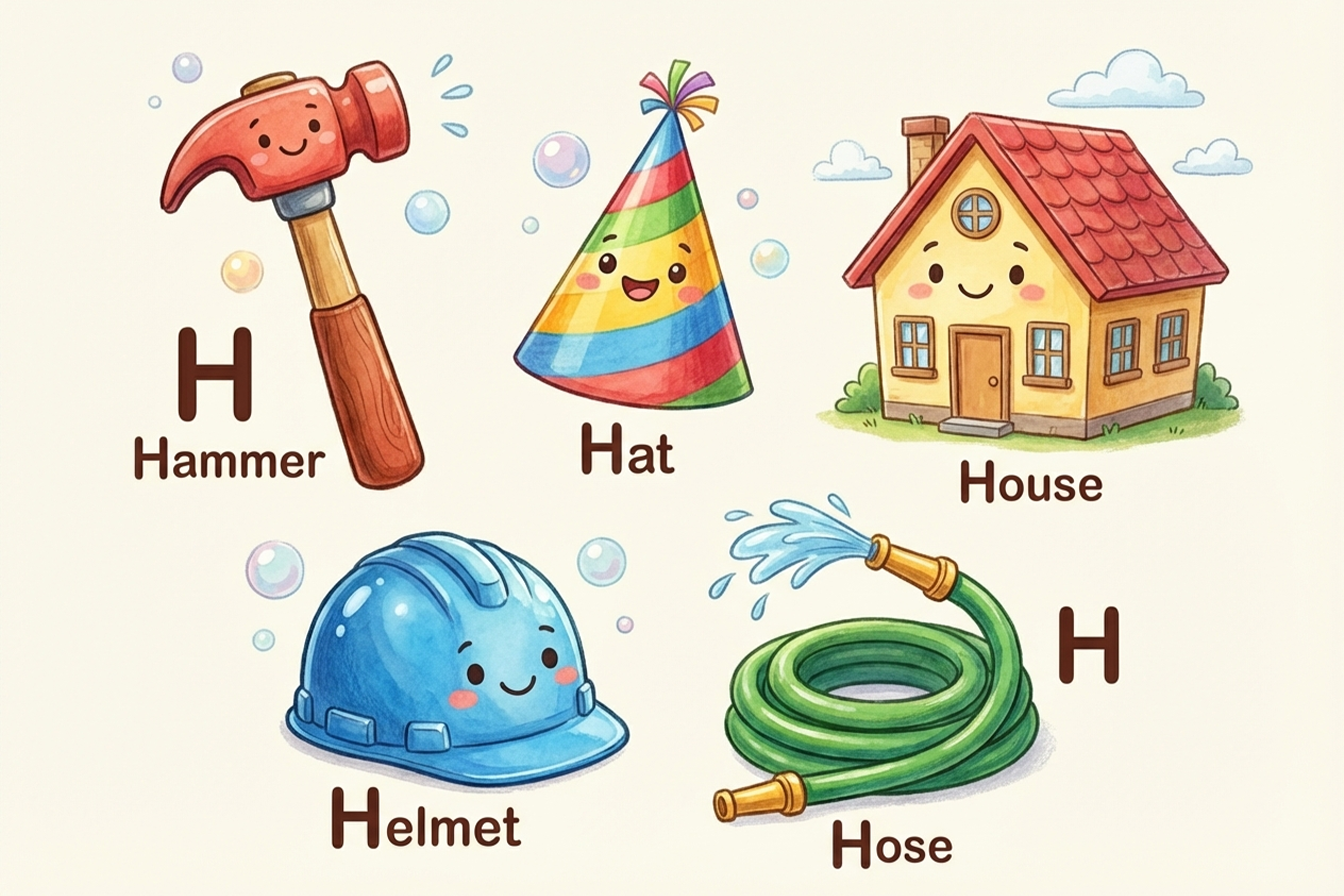 رسم تعليمي ملون للأطفال يعرض كلمات تبدأ بحرف H حسب الفئة: الحيوانات (حصان، دجاجة، هامستر، صقر، قنفذ)، الطيور (صقر، مالك الحزين، طائر الطنان، طائر السنونو، أبو منجل)، الفواكه والطعام (عسل، لحم خنزير، همبرغر، بندق، هوت دوج)، بأسلوب كرتوني وألوان زاهية