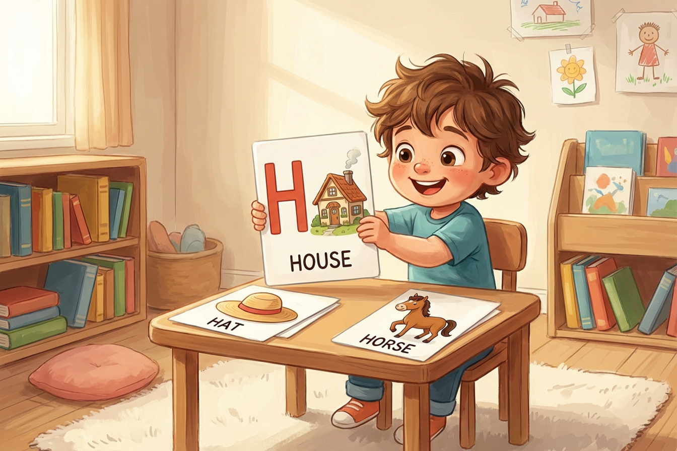 رسم تعليمي للأطفال يعرض كلمات تبدأ بحرف H مع صورها: حصان، قبعة، منزل. كل كلمة مكتوبة بوضوح مع صورة كرتونية ملونة لطيفة بجانبها، بأسلوب مرح وسهل للأطفال لتسهيل تذكر الكلمات بسرعة