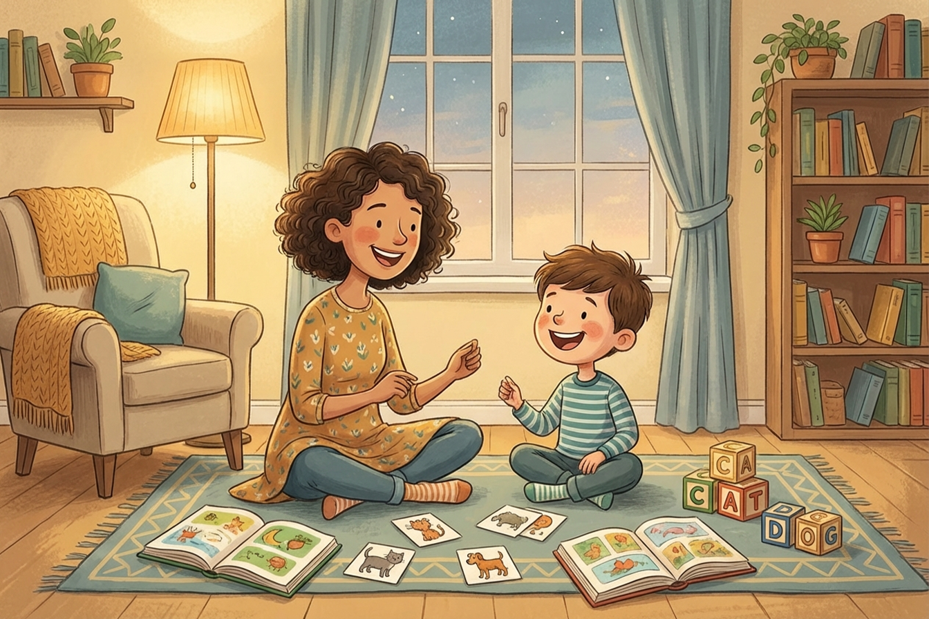 والد وطفل يجلسان معًا في المنزل يستخدمان بطاقات صور وكتب ومكعبات الحروف لتعلم الكلمات الإنجليزية بطريقة ممتعة وتفاعلية