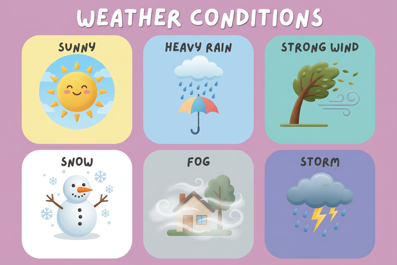 رسم توضيحي لأنواع الطقس المختلفة مثل المطر والثلج والرياح والضباب والطقس المشمس بشكل منظم وواضح