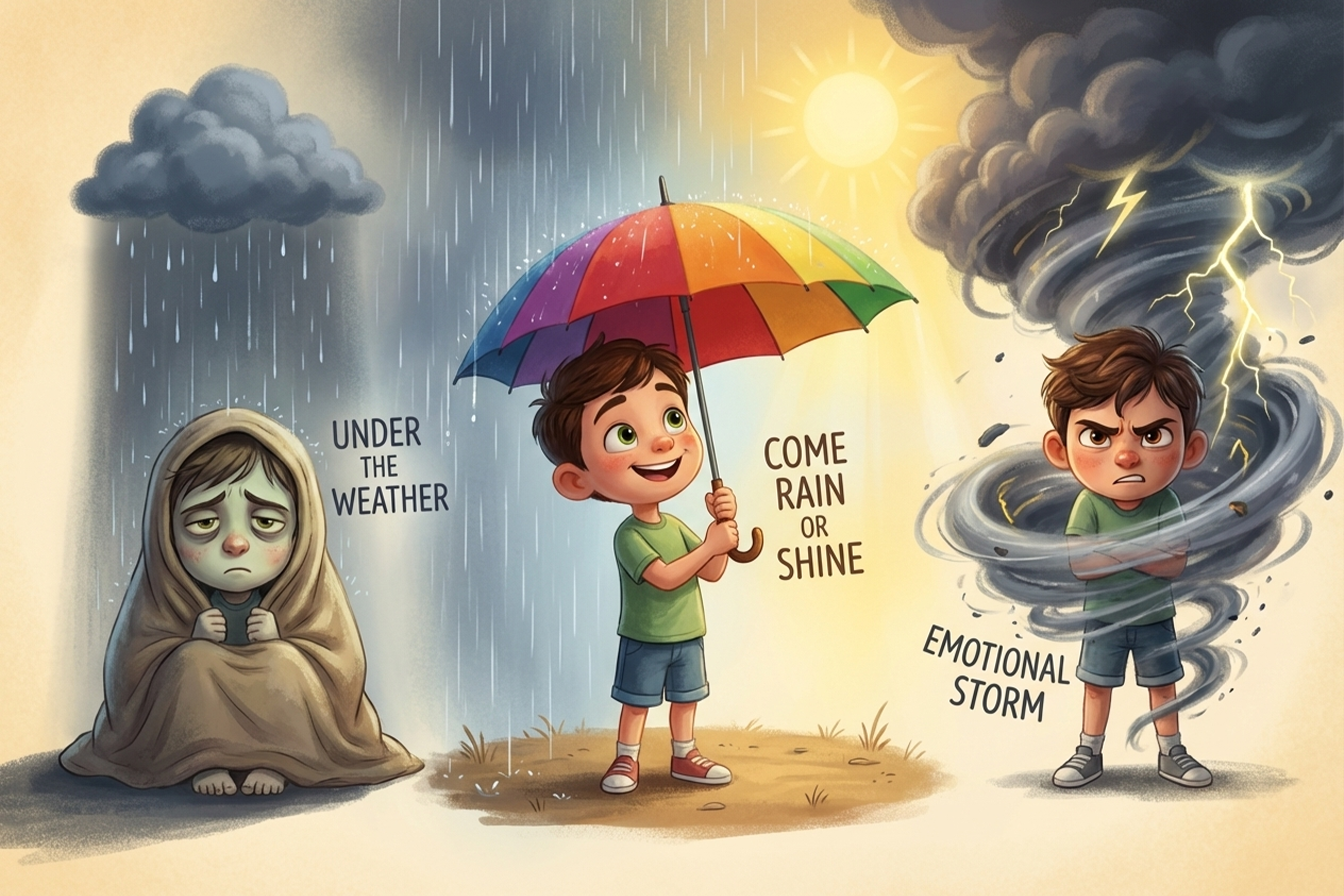 تصوير إبداعي يوضح تعابير الطقس الاصطلاحية مثل الشعور بالتعب أو الاستمرار رغم الظروف باستخدام رموز الطقس المختلفة