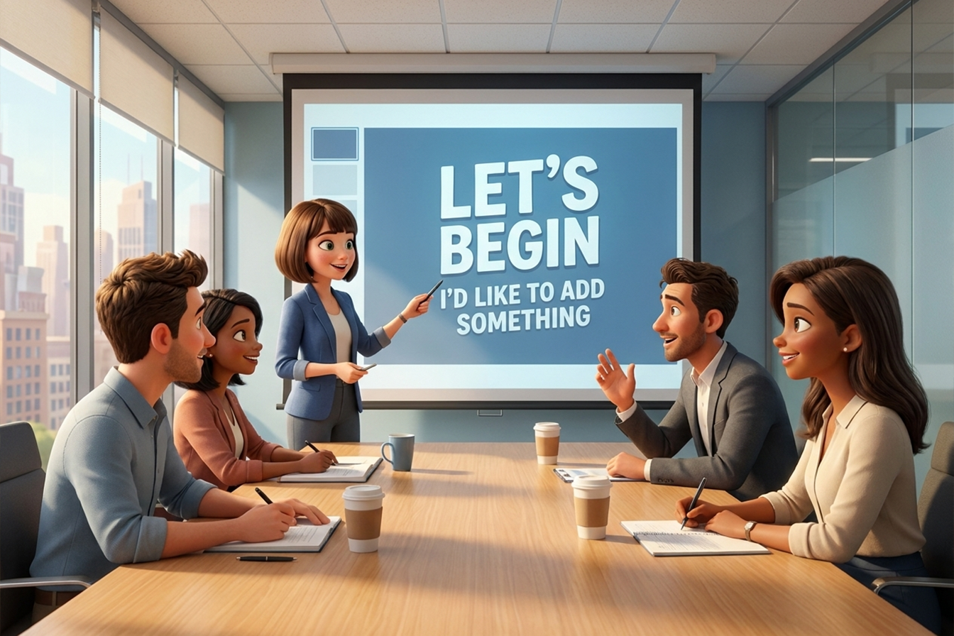 اجتماع عمل يوضح استخدام العبارات الإنجليزية أثناء المناقشات لعرض الأفكار وتنظيم التواصل بشكل احترافي وواضح