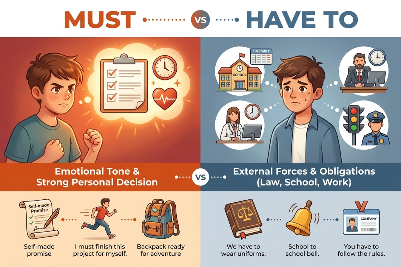 مخطط مقارن يوضح الفرق بين Must و Have To، حيث يعبر Must عن قرار داخلي وشخصي، بينما يعبر Have To عن التزام مفروض من القوانين أو الظروف الخارجية