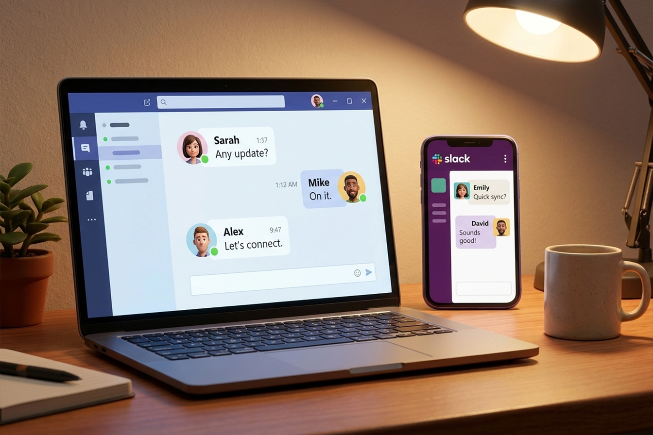شاشة محادثات عمل عبر Slack وTeams تعرض رسائل قصيرة وواضحة تعكس أسلوب التواصل السريع والاحترافي في بيئة العمل الرقمية