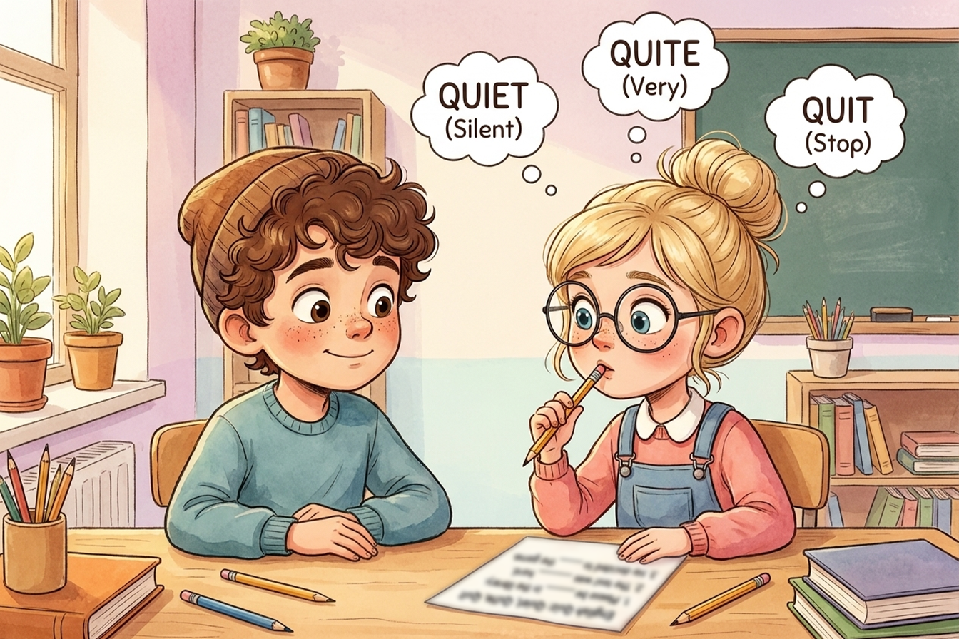 صورة اختبار تعليمي تفاعلي يحتوي على جمل فراغات لكلمات Quiet و Quite و Quit مع طالب يفكر أثناء الحل
