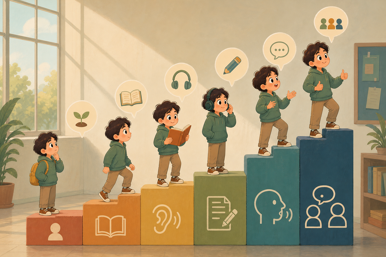 مستويات إتقان اللغة الإنجليزية من المبتدئ إلى المتقدم وفق إطار CEFR.