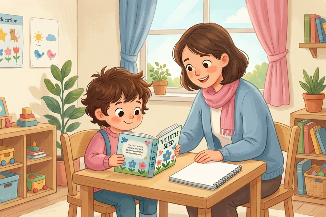 طفل يقرأ قصة باللغة الإنجليزية ثم يكتب جملًا في دفتره.
