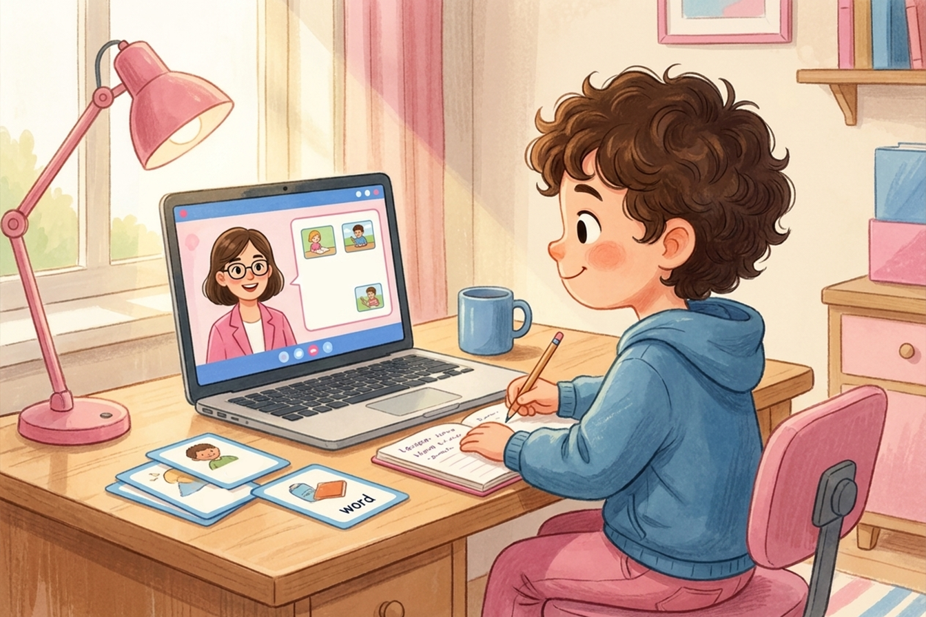 طفل يتعلم اللغة الإنجليزية عبر الإنترنت من خلال القراءة والكتابة مع المعلم