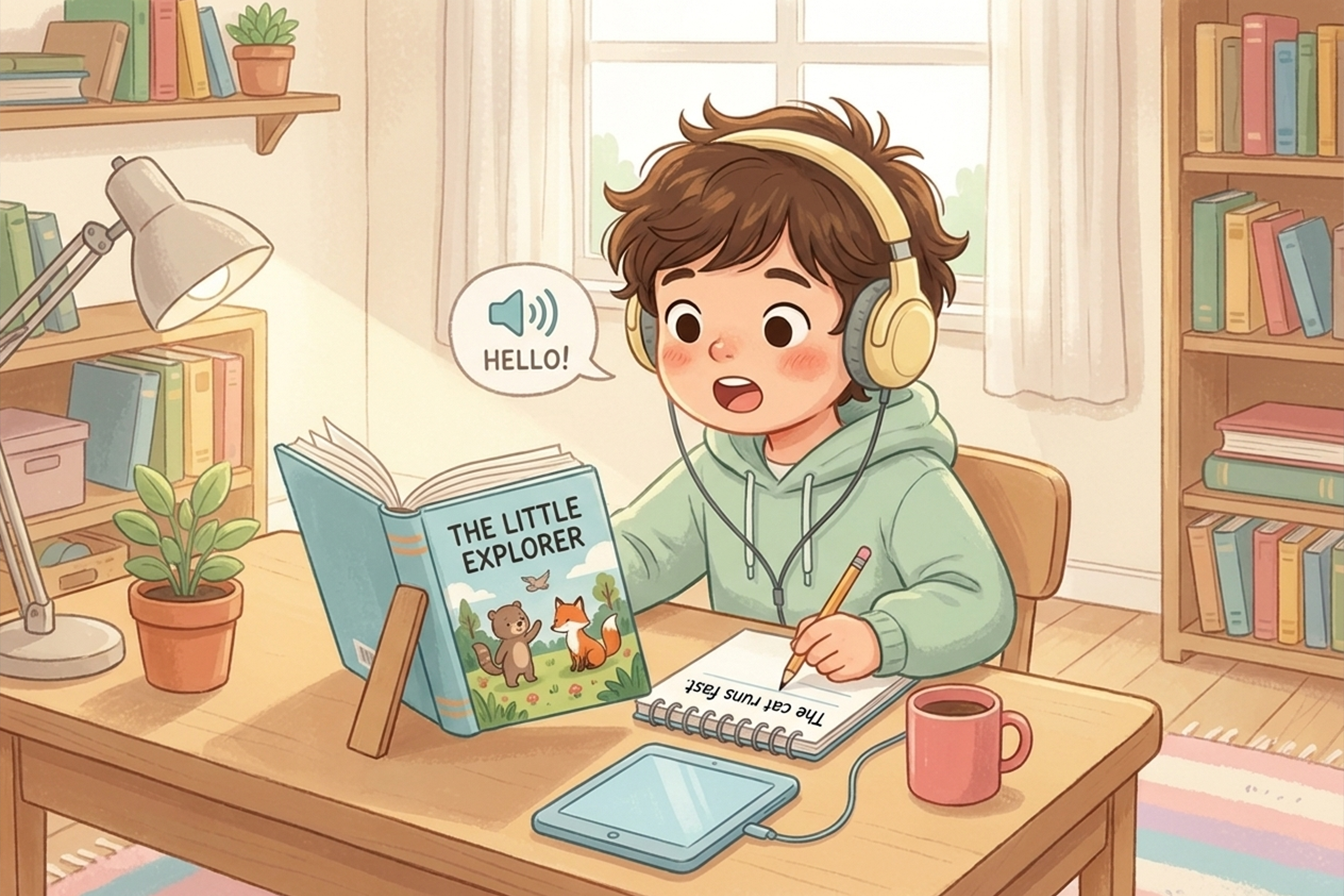 طفل يمارس مهارات الاستماع والتحدث والقراءة والكتابة باللغة الإنجليزية معًا.