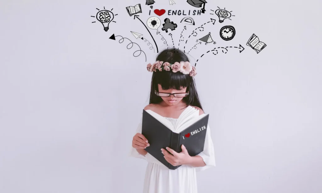 Girl reading book on the with background