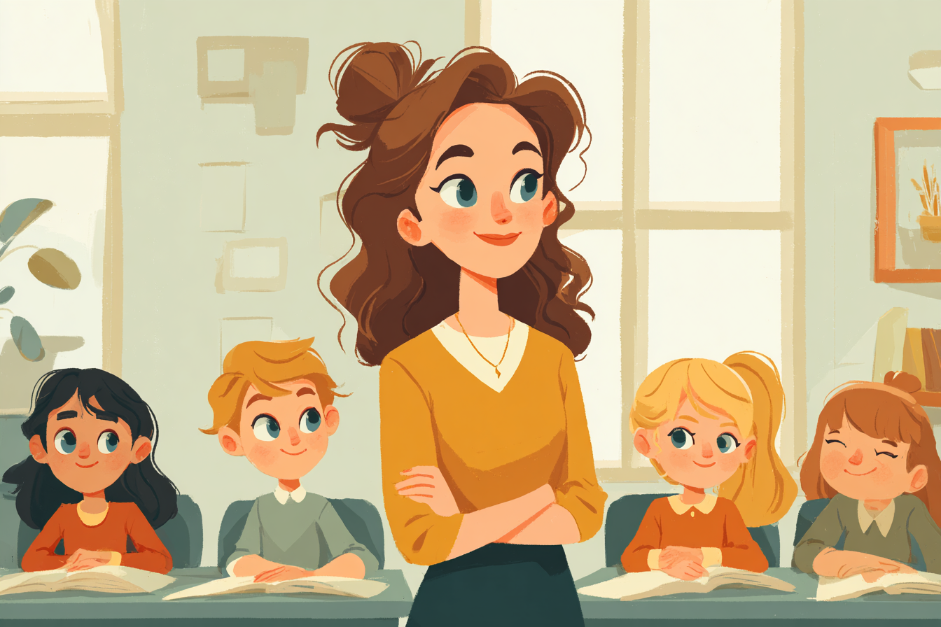 Učitelka a děti se učí zábavnou angličtinu pomocí Novakid English