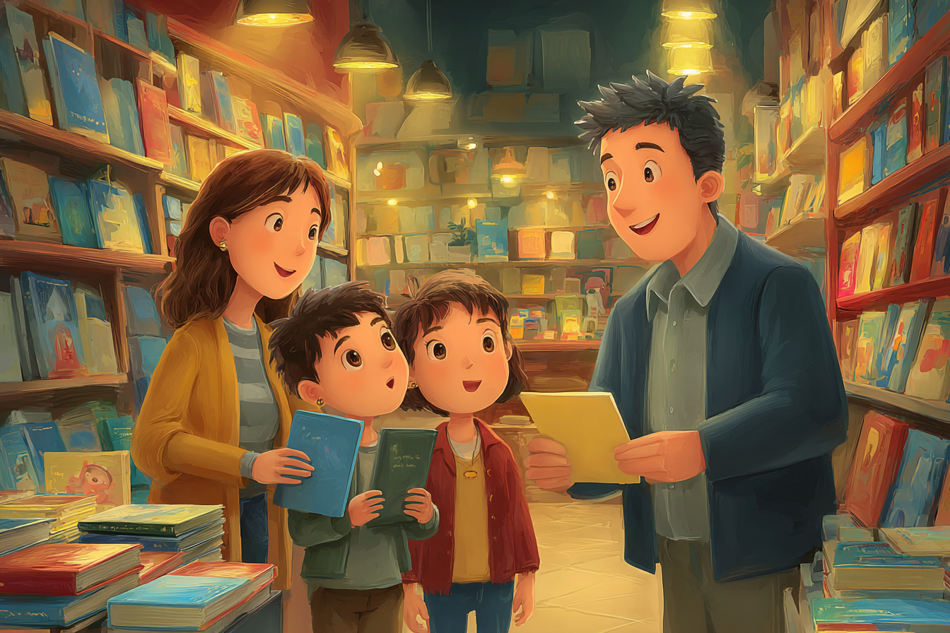 Děti s rodiči vybírají ty nejlepší anglické knihy ke čtení