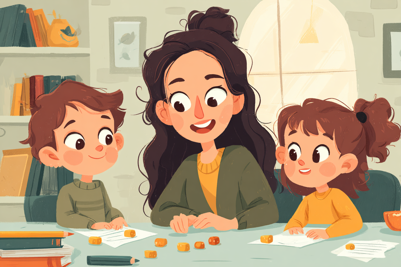 Děti se učí s maminkou nová anglická slova a dostávají za to sladkosti