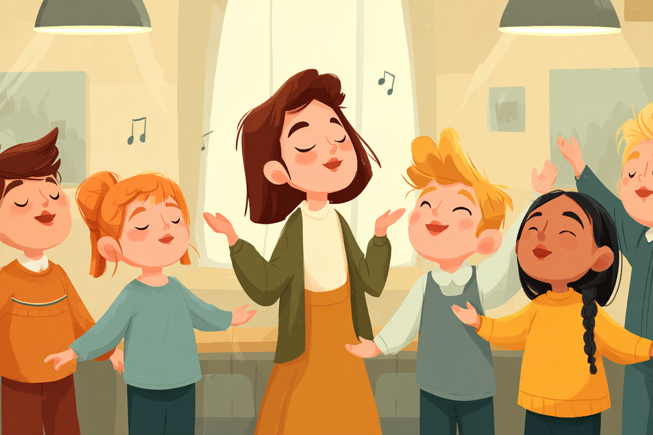 Děti zpívají anglické písničky s učitelem