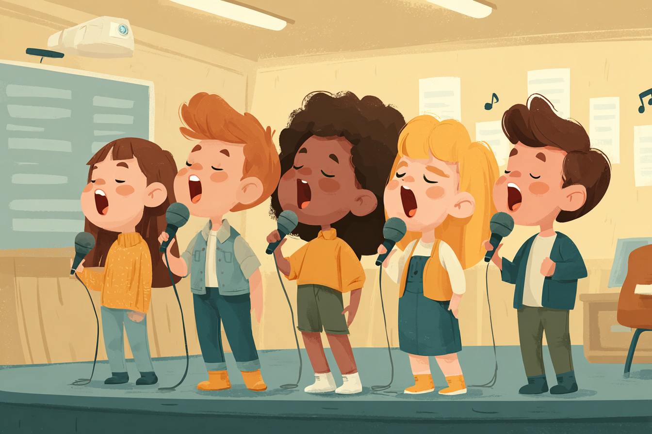 děti zpívají karaoke a učí se tím angličtinu