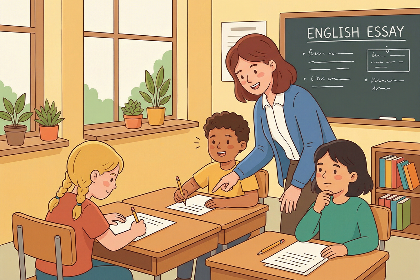 Děti píšou anglickou esej a dostávají zpětnou vazbu