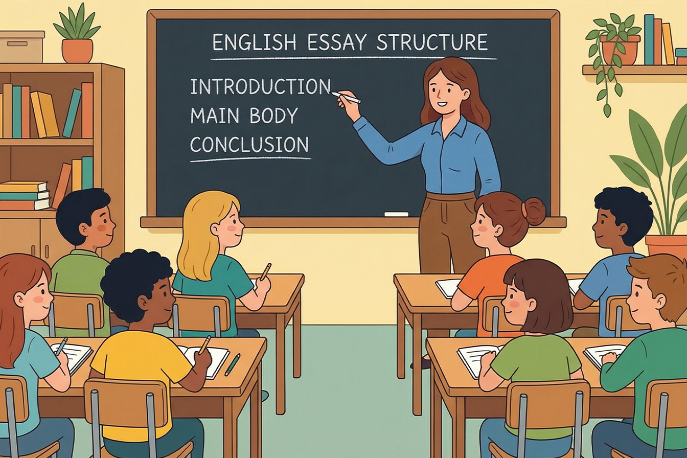 Učitel ukazuje dětem strukturu anglické eseje