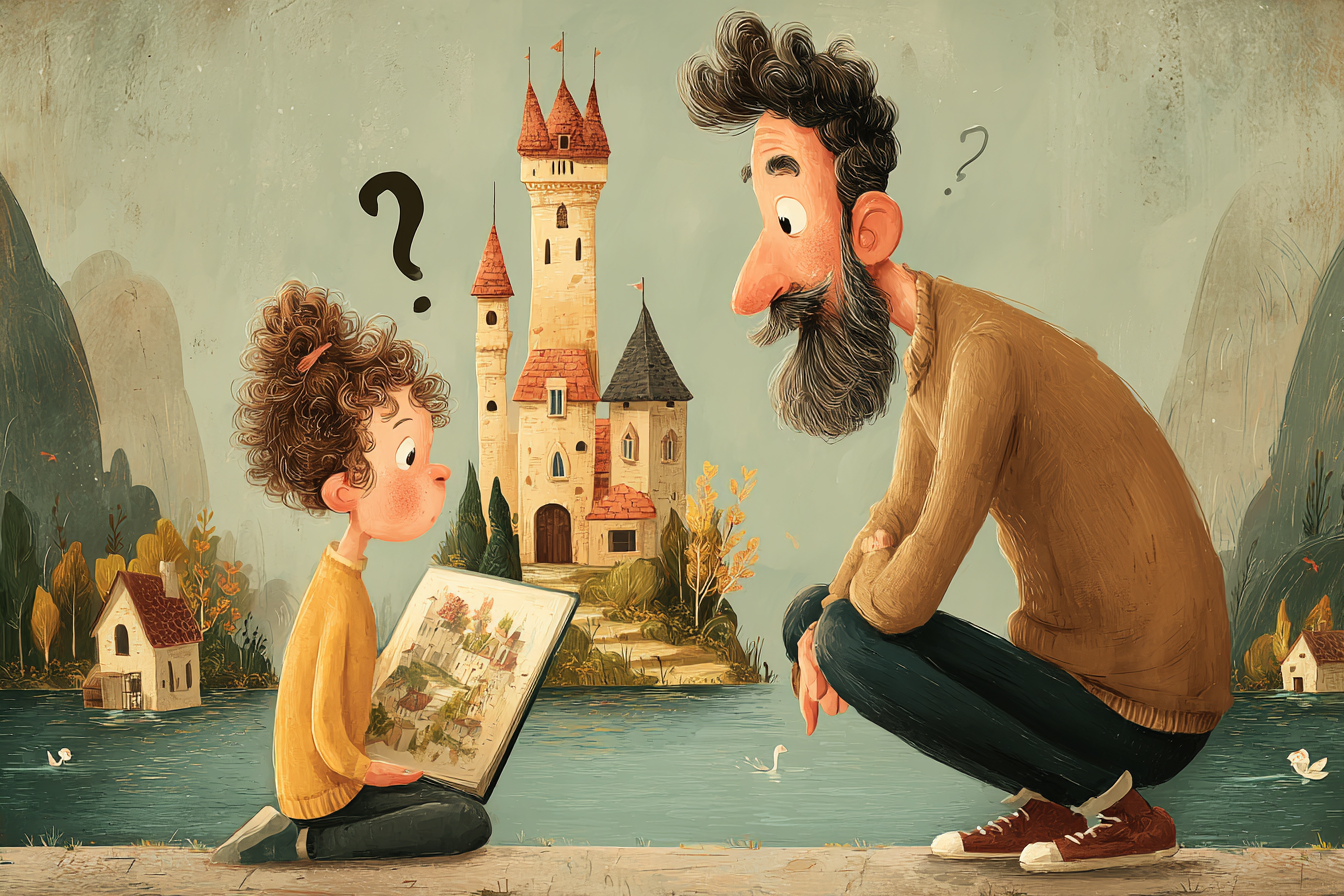 Tatínek mluví s dítětem a ptá se ho na otázky ohledně obrázku