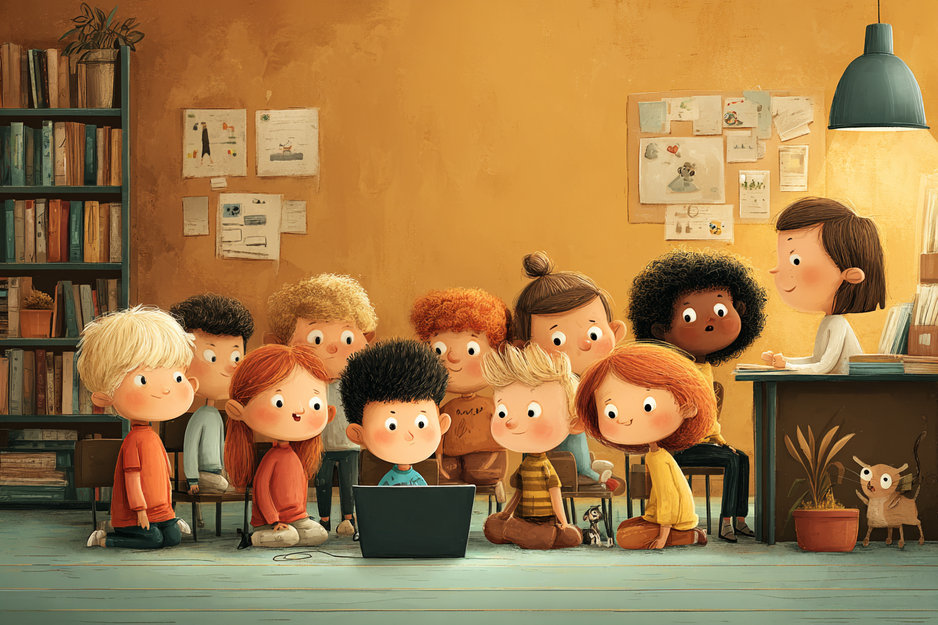 Děti poslouchají krátký příběh z učitelova počítače