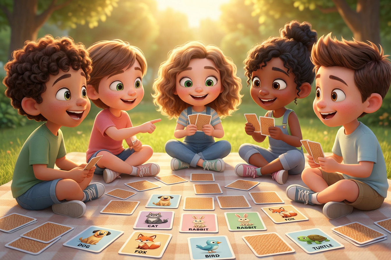 Děti si hrají s kartičkami, na kterých jsou zvířata v angličtině a jejich názvy