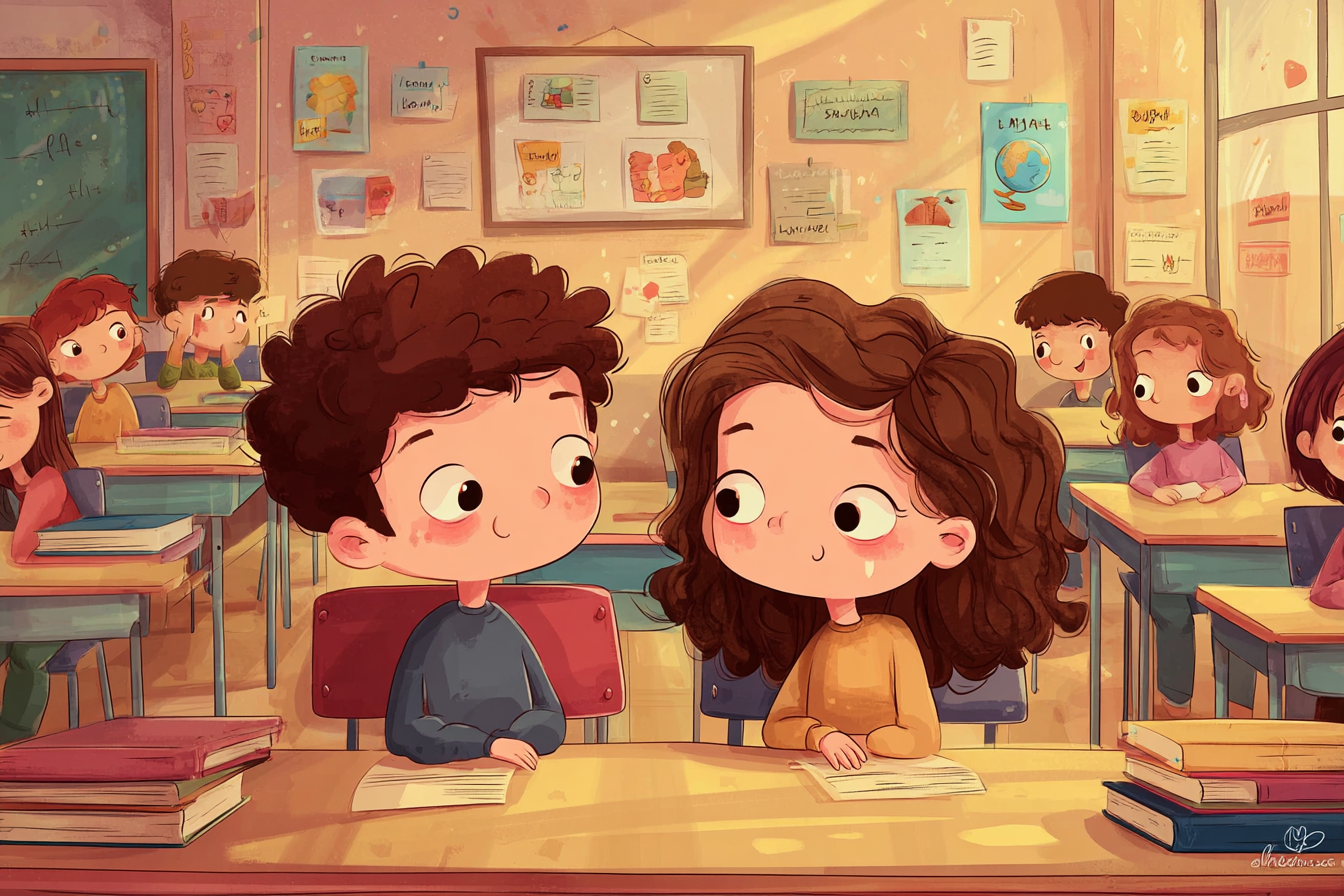 Dítě sedí v lavici a povídá si se svým spolusedícím