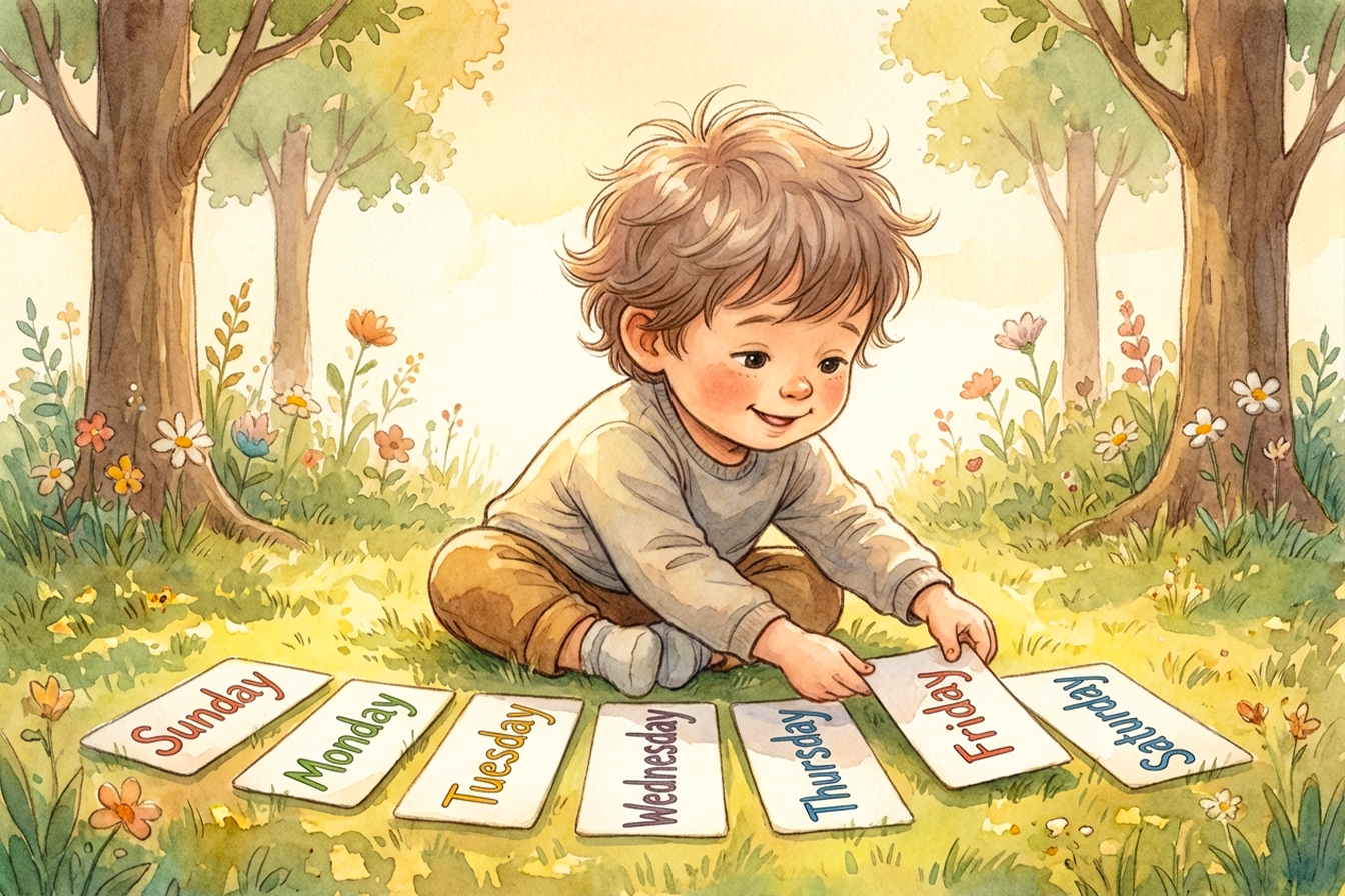 Dítě skládá kartičky s dny v týdnu anglicky do správného pořadí