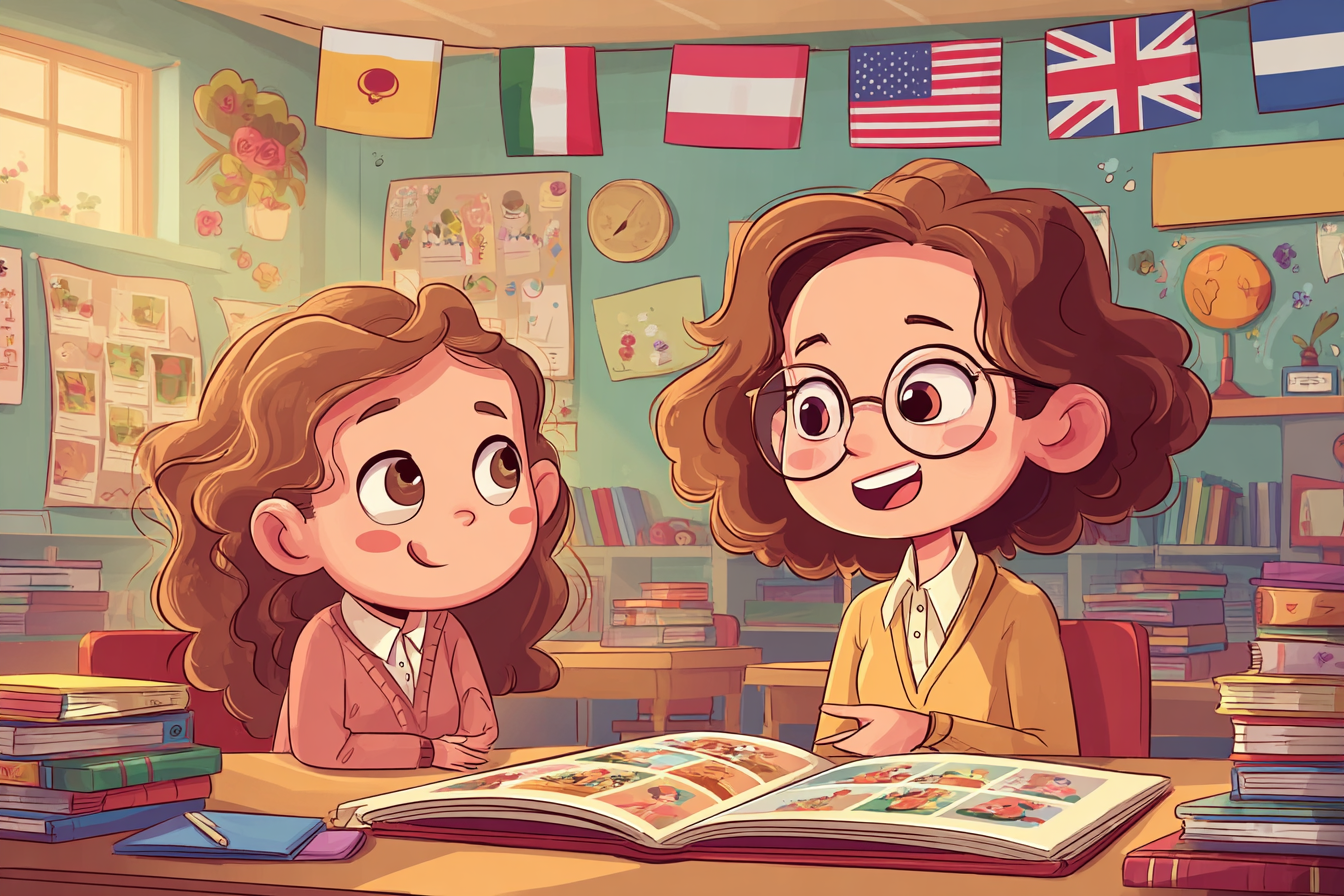 Učitel angličtiny ukazuje studentovi knížku plnou obrázků