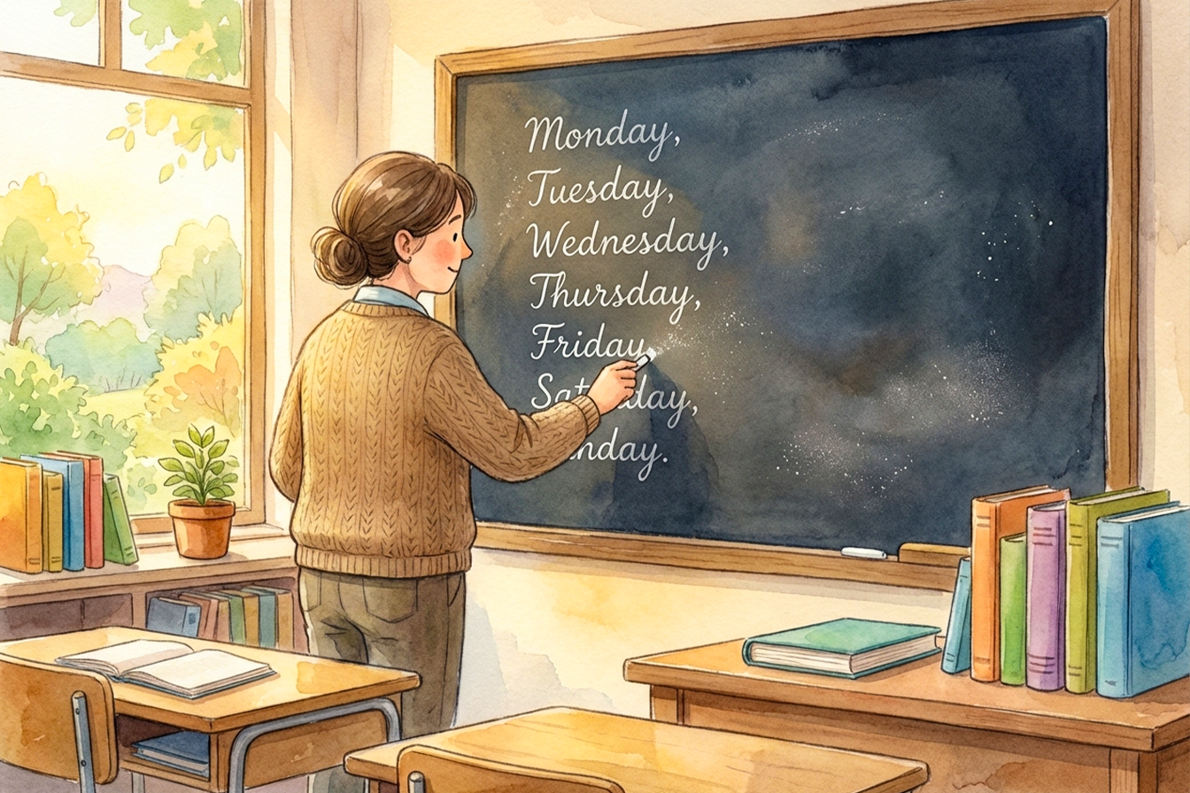 Učitel píše na tabuli dny v anglickém týdnu
