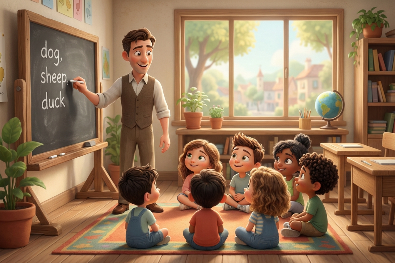 Učitel píše zvířata anglicky na tabuli a učí děti