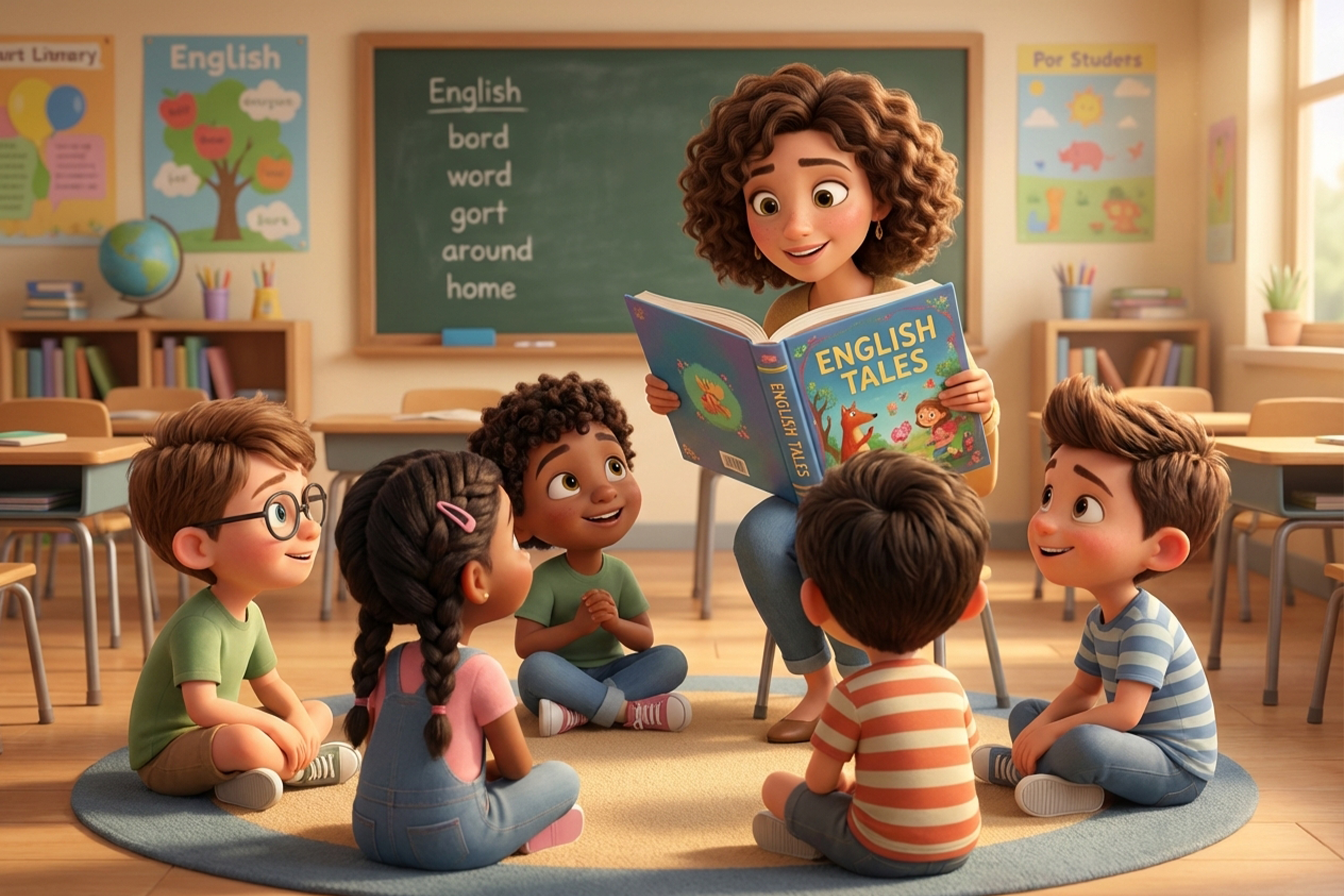 Učitel ukazuje dětem knížku plnou povídek v angličtině