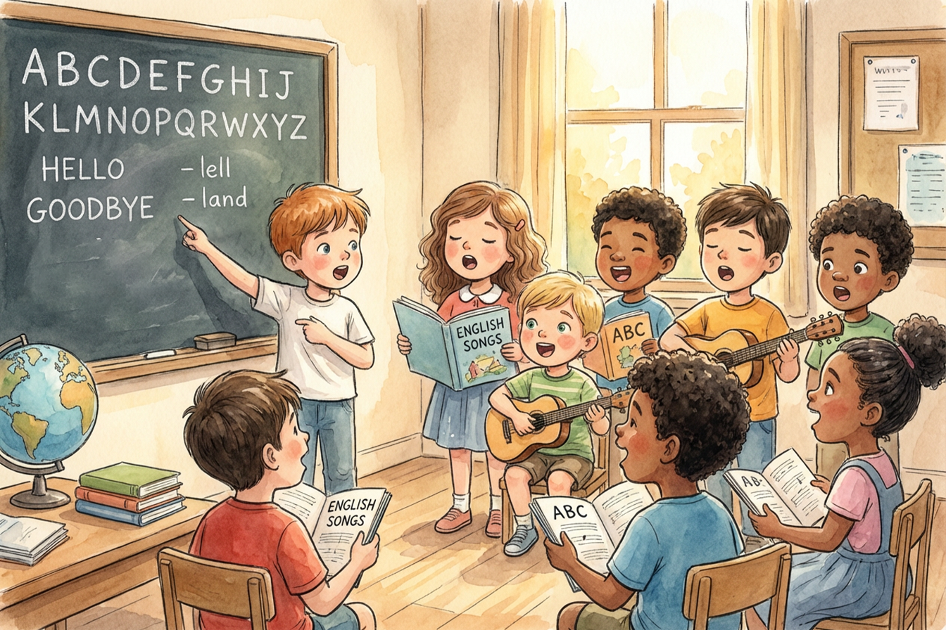Kinder singen englische Kinderlieder und lernen die Sprache