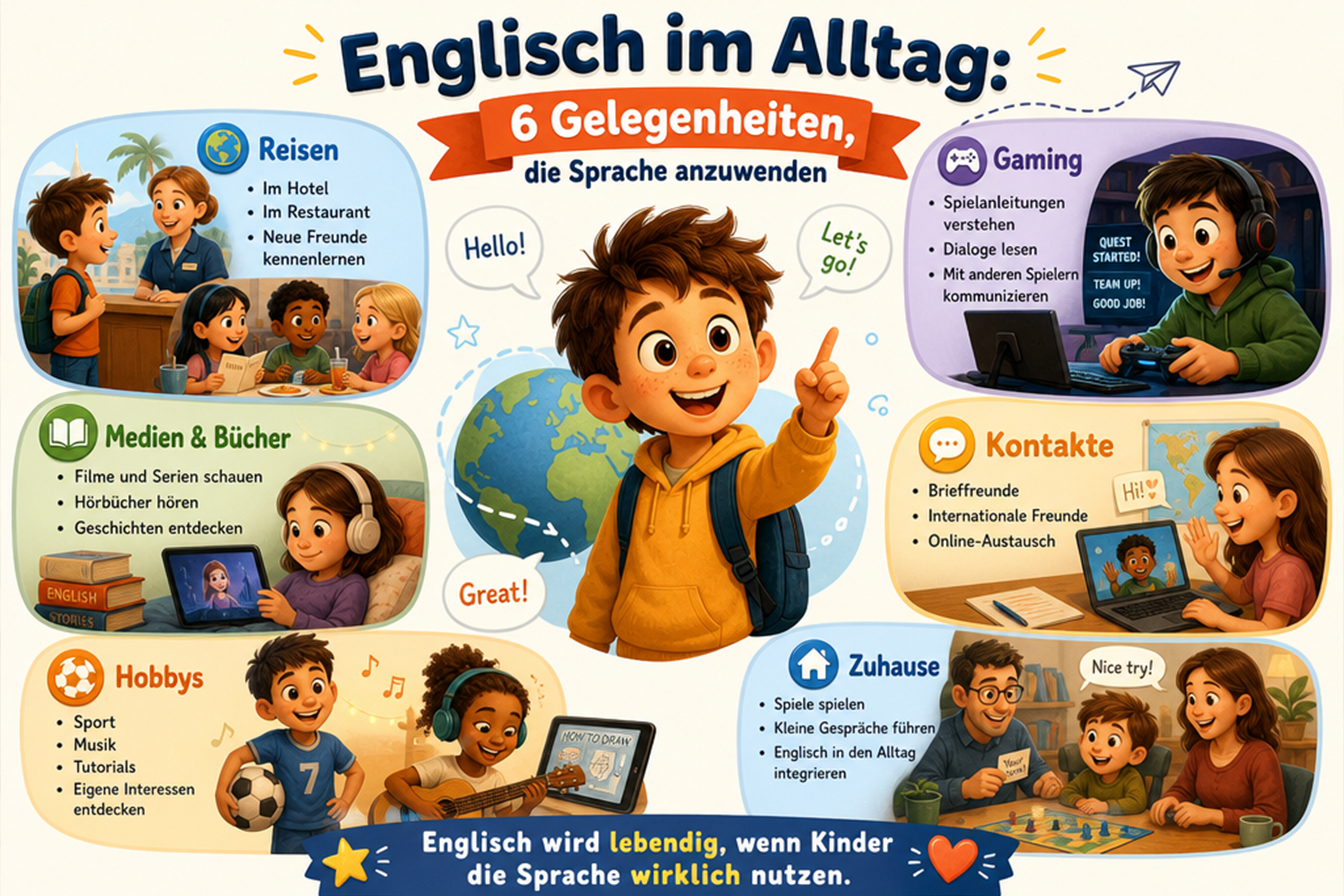 die Infografik zeigt wie Englisch für Kinder außerhalb der Schule Teil des Alltags werden kann