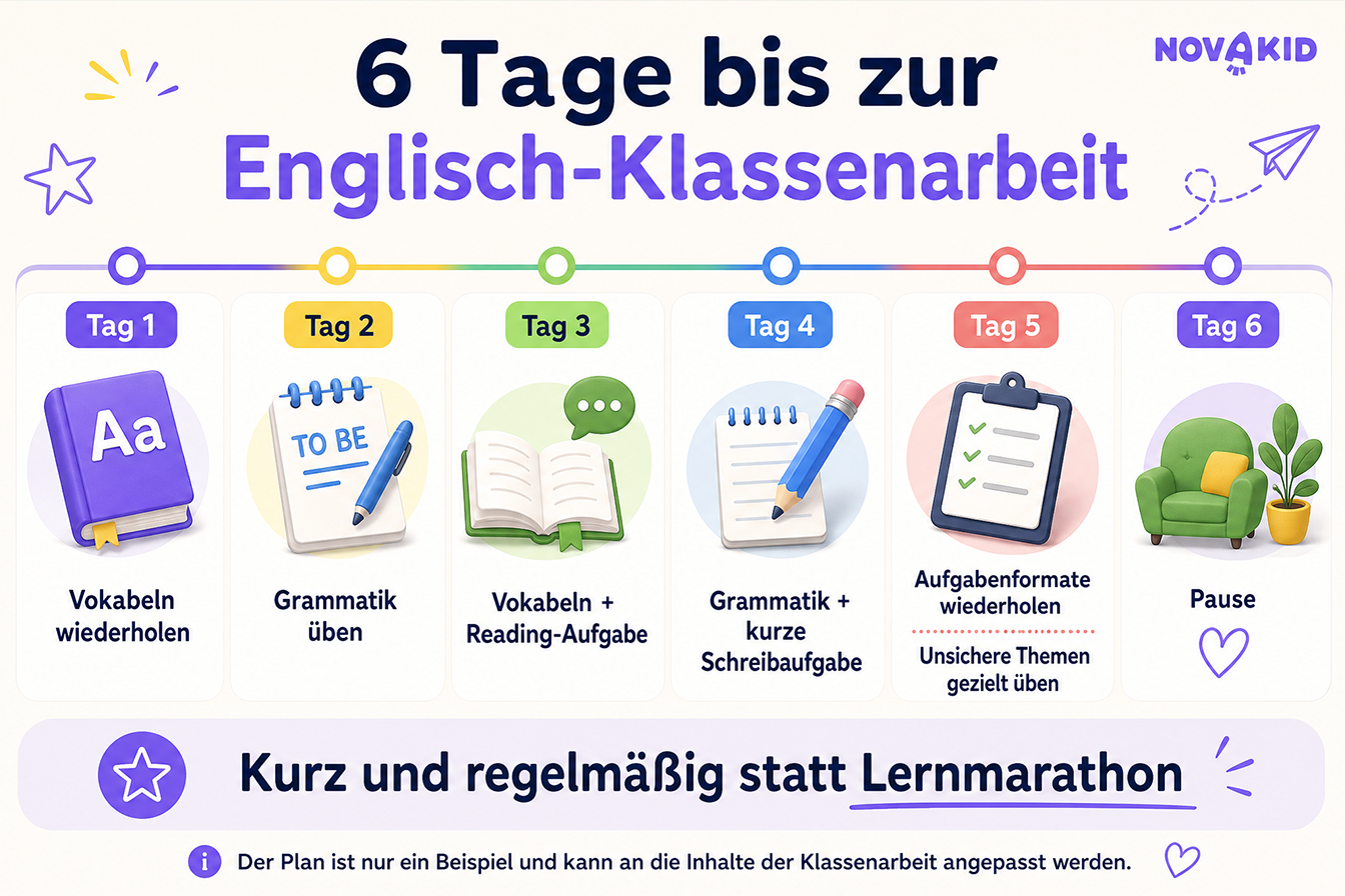 Beispiel für einen Lernplan zur Vorbereitung auf eine Englisch-Klassenarbeit in Klasse 5