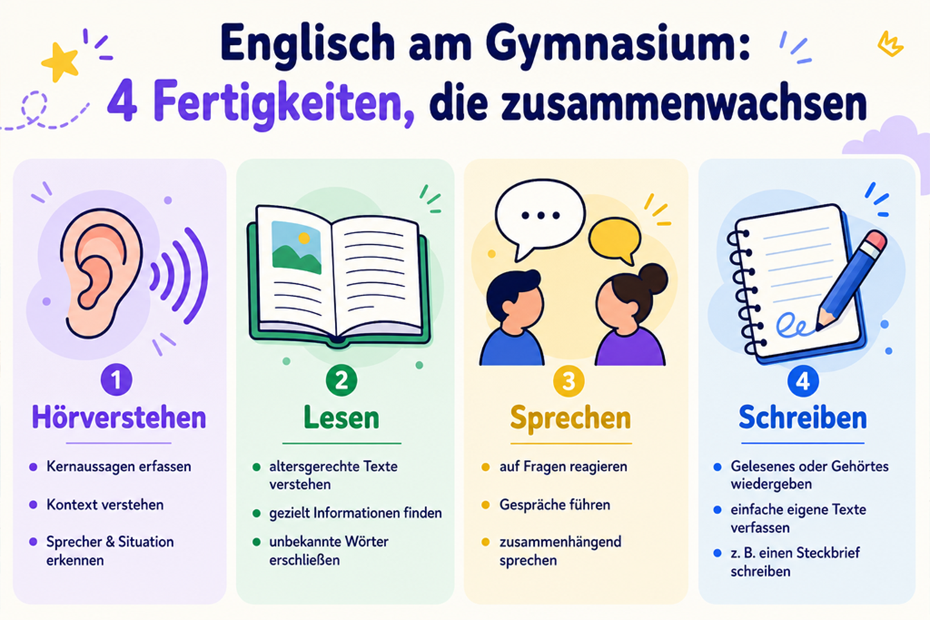 Englisch 5. Klasse Gymnasium – diese 4 Fertigkeiten lernen Kinder Schritt für Schritt