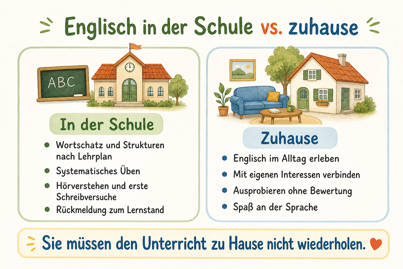 In der Grundschule Englisch lernen mit System und zuhause Englisch üben mit Spaß