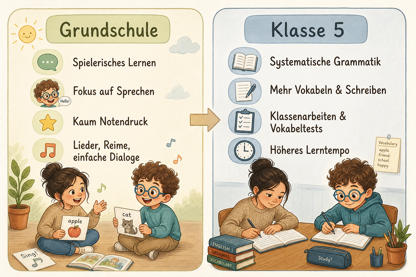 Infografik- Wie unterscheidet sich Englisch in Klasse 5 von Englisch in der Grundschule?